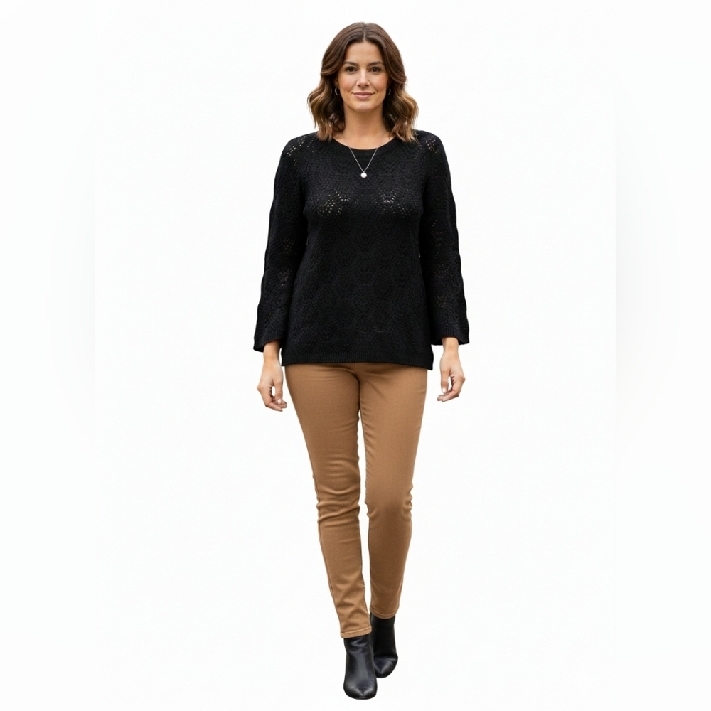 Autumn Cashmere Black Pointelle Knit Cashmere Wool Blend Sweater Size M